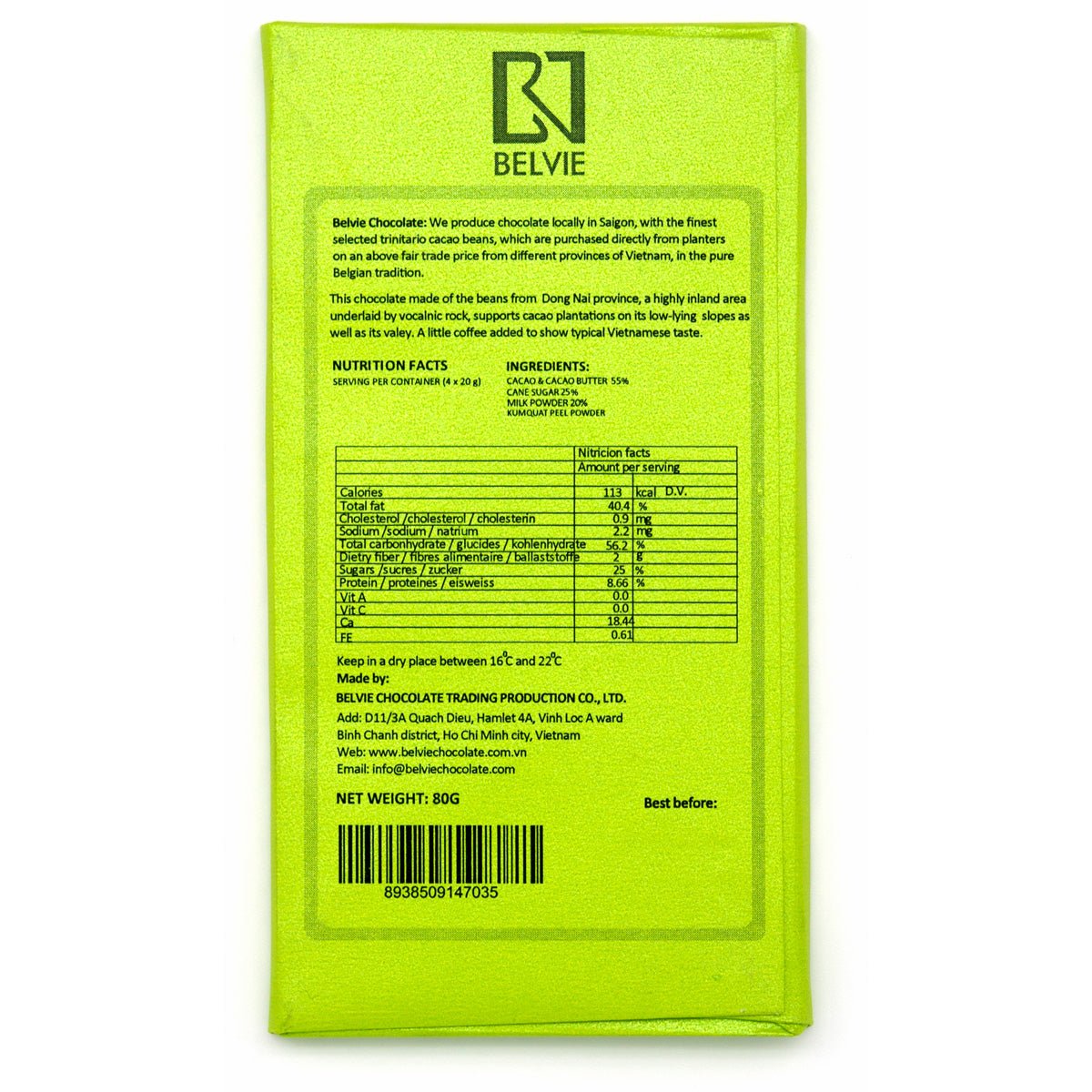 Belvie chocolate bar packaging with nutrition facts and ingredients on a white background