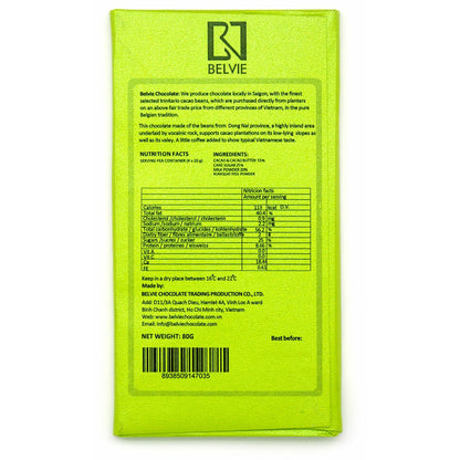Belvie chocolate bar packaging with nutrition facts and ingredients on a white background