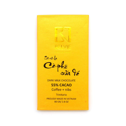 Yellow Belvie chocolate bar packaging with black text on a white background