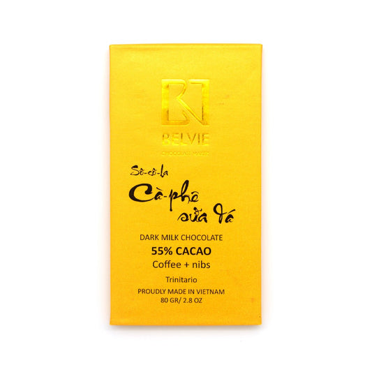 Yellow Belvie chocolate bar packaging with black text on a white background