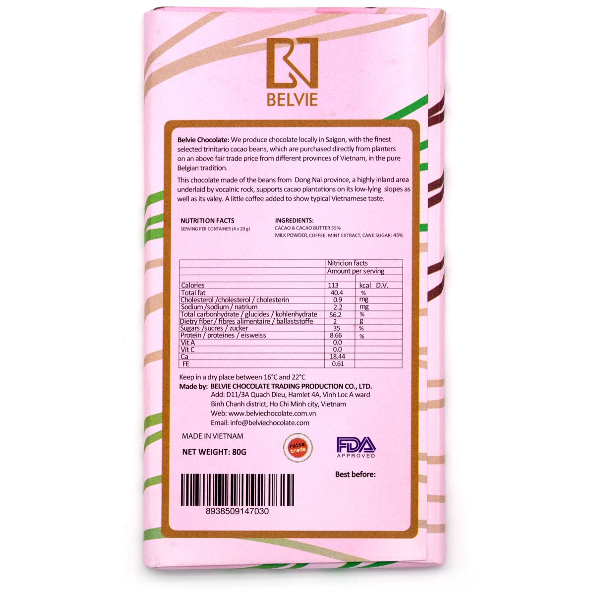 Belvie chocolate bar packaging with nutritional information on a white background