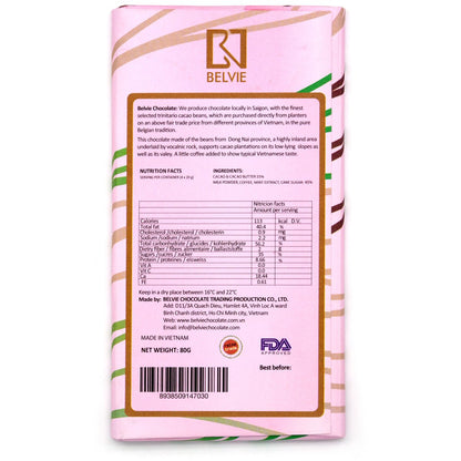 Belvie chocolate bar packaging with nutritional information on a white background