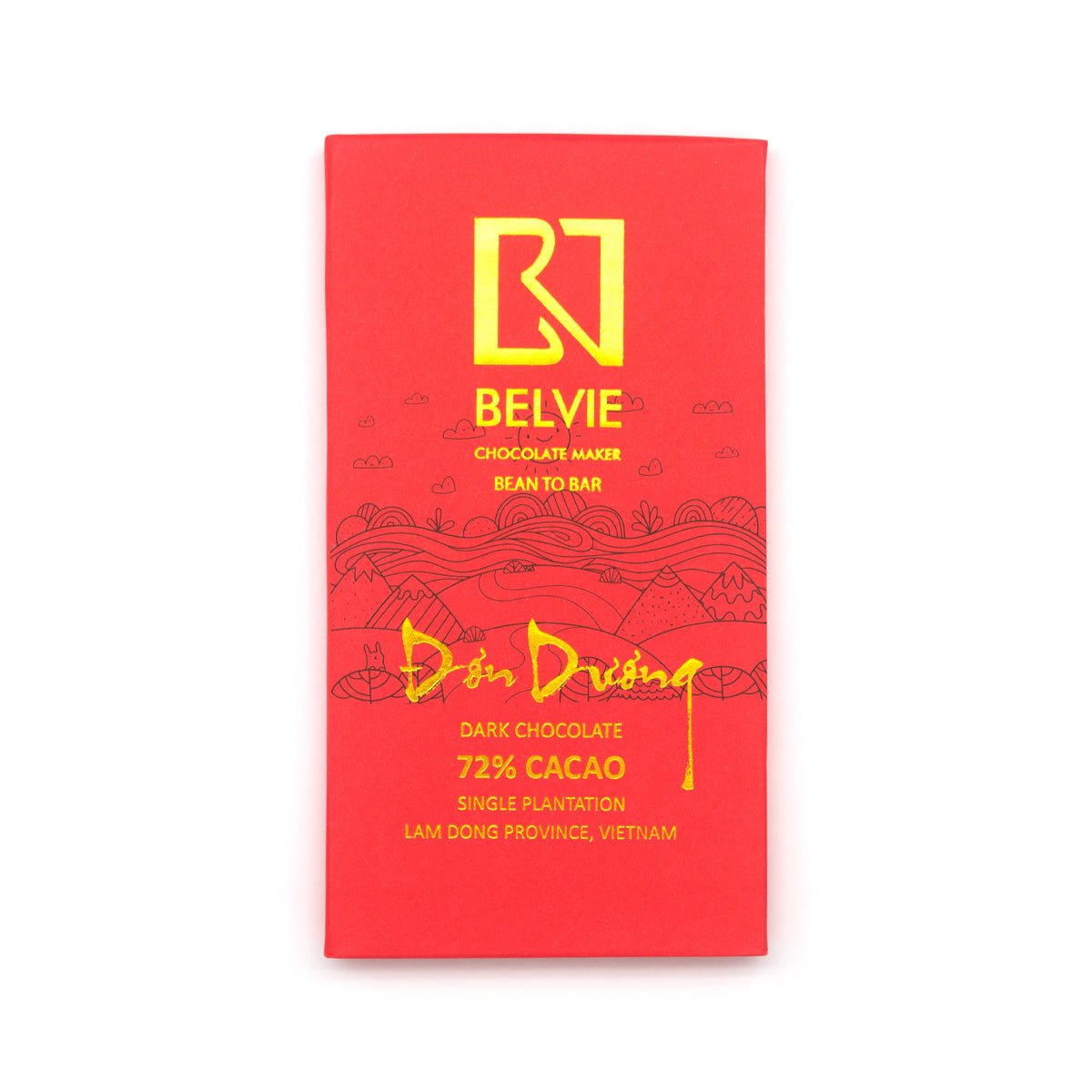 Red Belvie Don Duong chocolate bar packaging with gold text on a white background