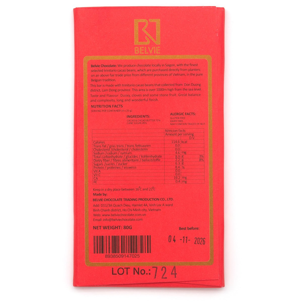 Red Belvie chocolate packaging with text and barcode on a white background