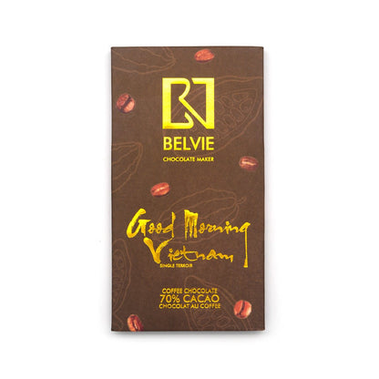 Belvie chocolate bar packaging with 'Good Morning Vietnam' text on a white background