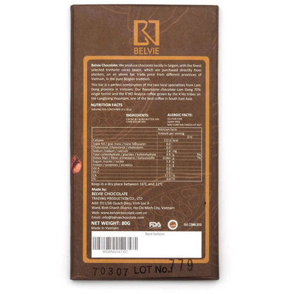 Belvie chocolate bar packaging with back label on a white background