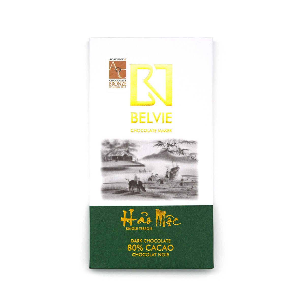 Belvie chocolate bar packaging with branding and product details on a white background