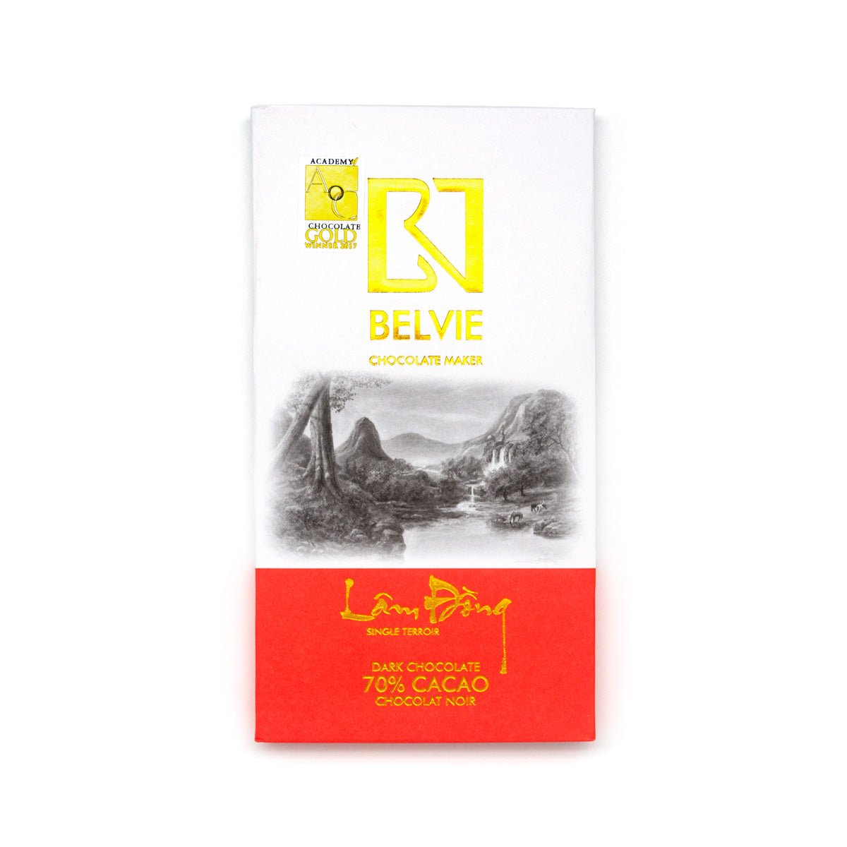 Belvie chocolate bar packaging with mountain illustration and red and gold design
