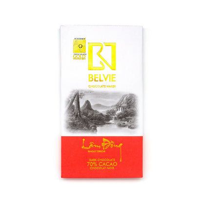 Belvie chocolate bar packaging with mountain illustration and red and gold design