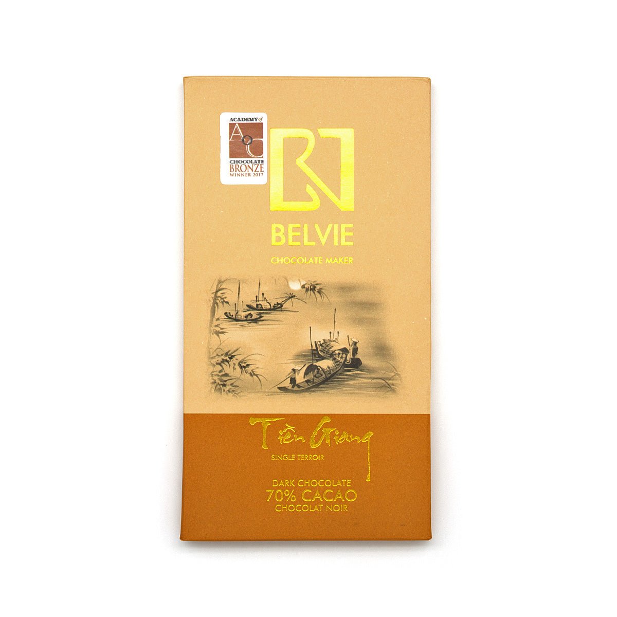Belvie chocolate bar packaging with artistic illustrations of traditional vietnamese river boats on a beige background