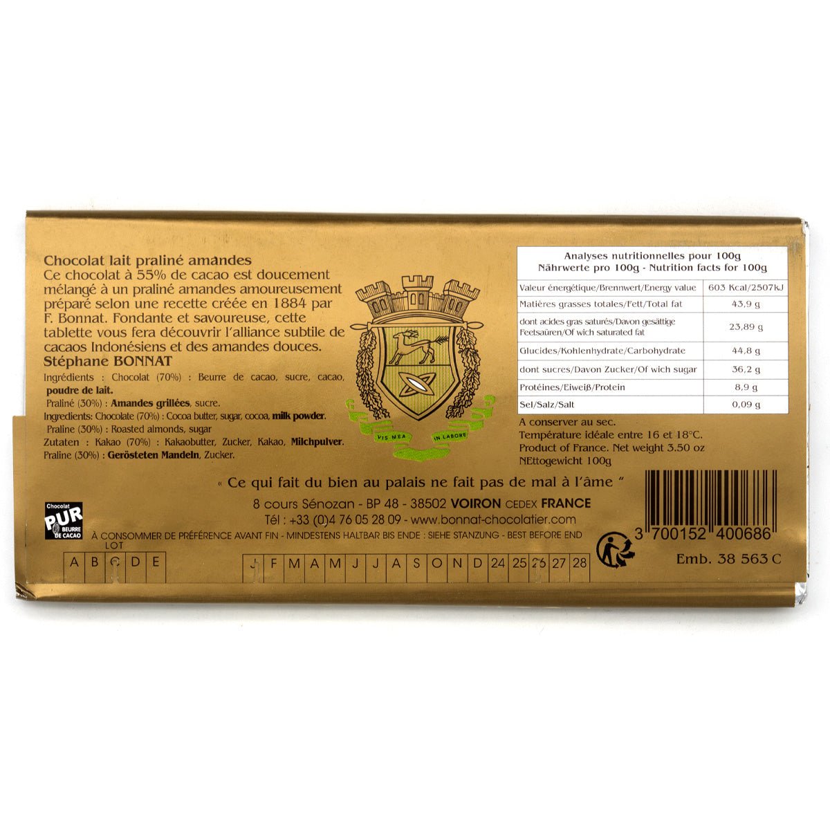Bonnat chocolate bar packaging with brand logo and text on a white background