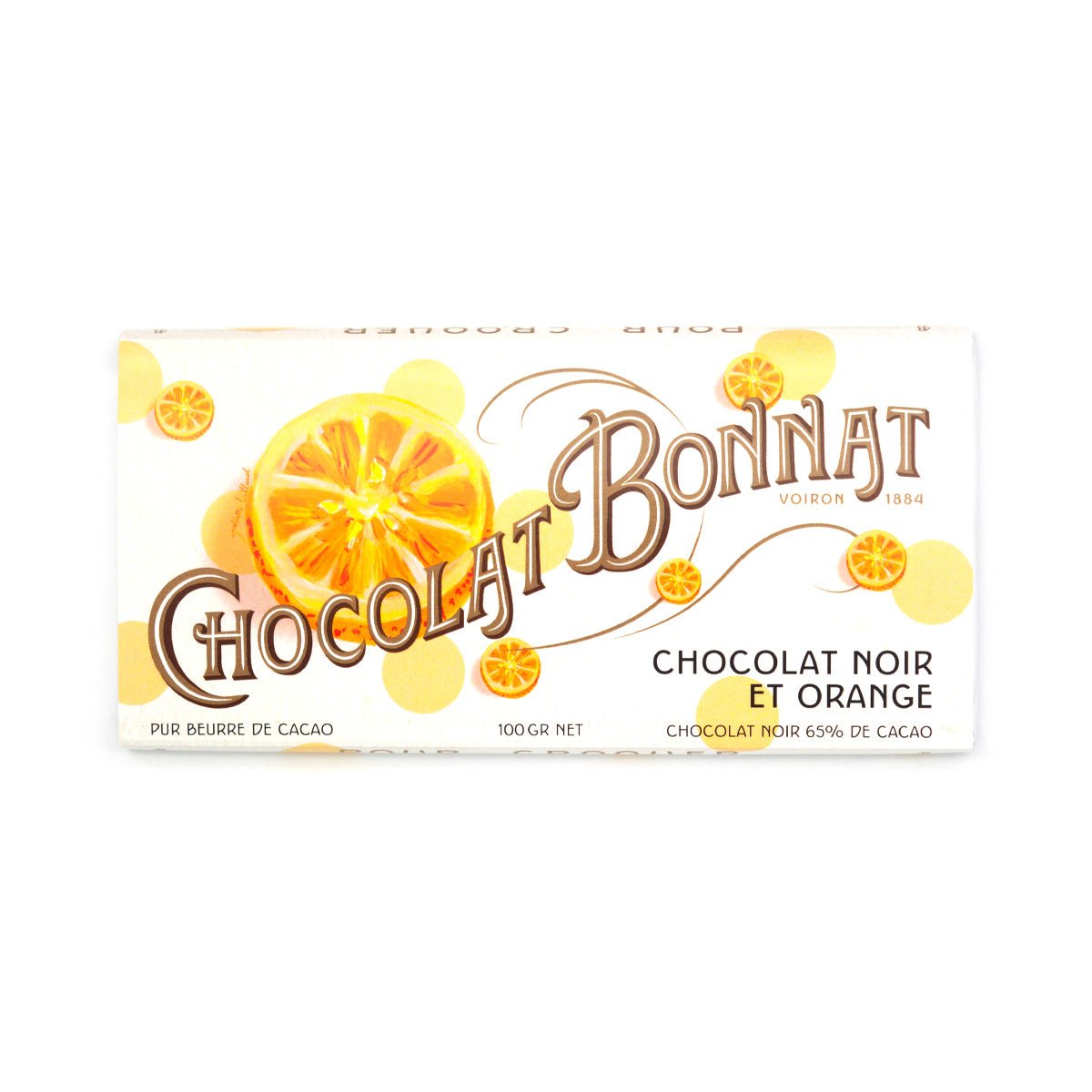 Chocolat Bonnat chocolate bar packaging with orange slices on a white background