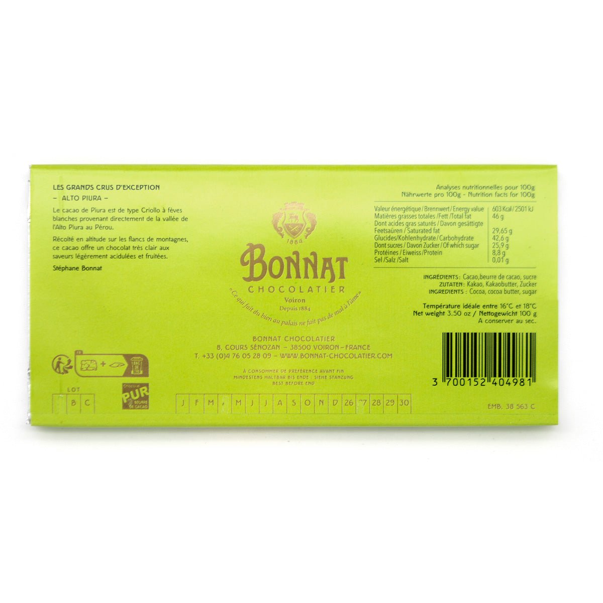 Bonnat Alto Piura 75% Single Origin Dark Chocolate Bar - 100g