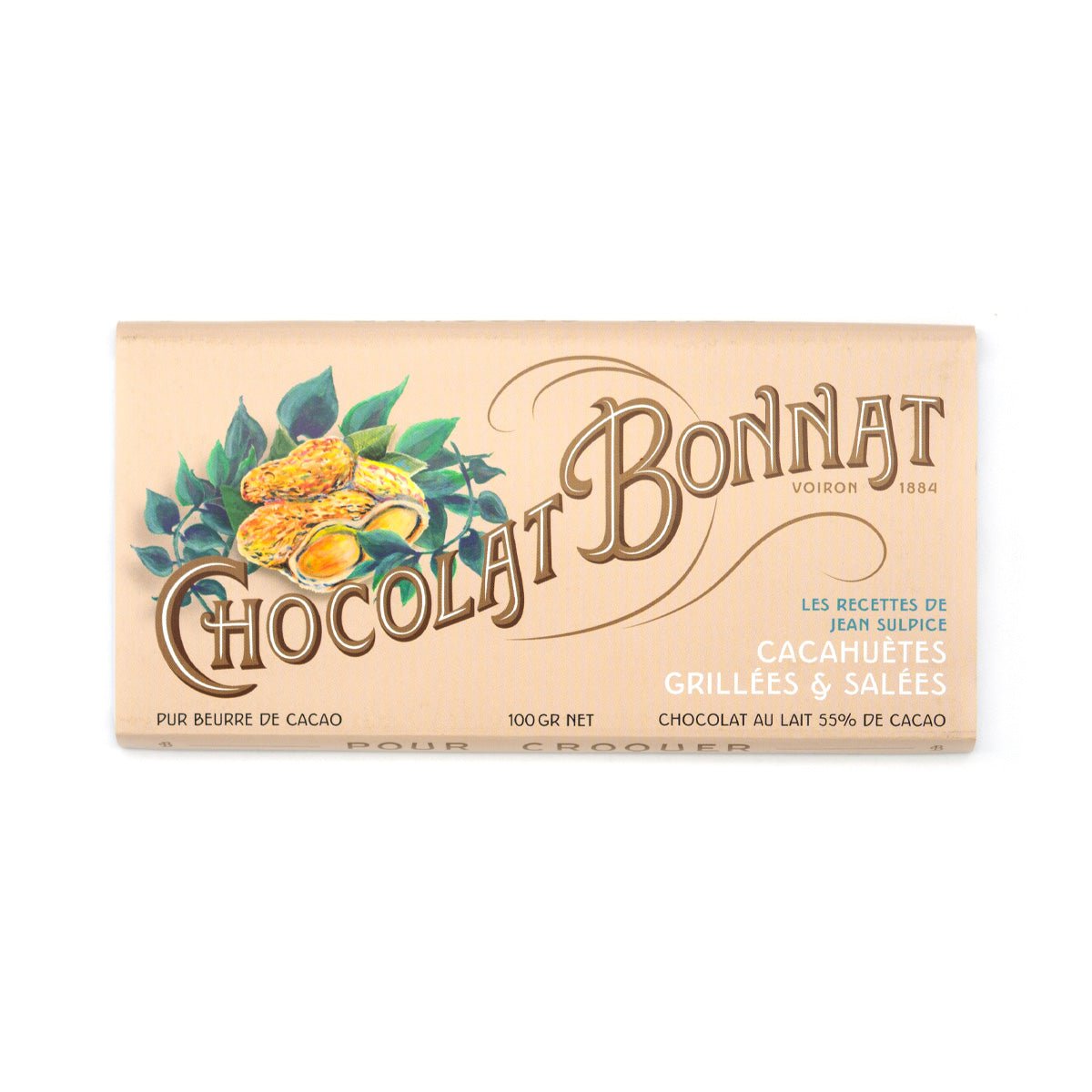Chocolat Bonnat chocolate bar packaging with peanuts and leaves on a white background