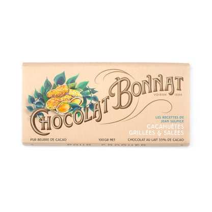 Chocolat Bonnat chocolate bar packaging with peanuts and leaves on a white background