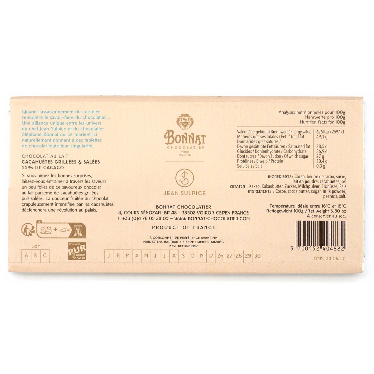 Bonnat chocolate packaging with nutritional information on a white background