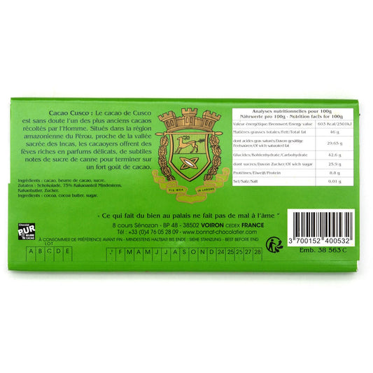 Bonnat Cacao Cusco 75% Single Origin Dark Chocolate Bar - 100g