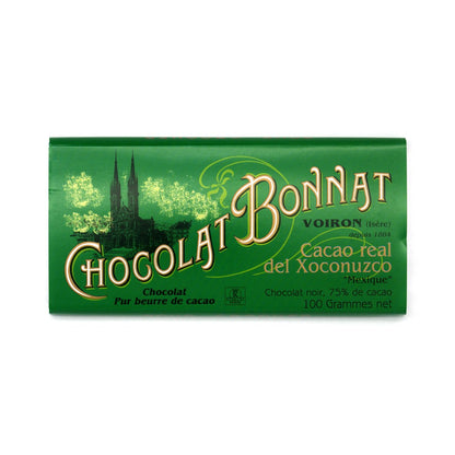 Green Chocolat Bonnat chocolate bar packaging on white background