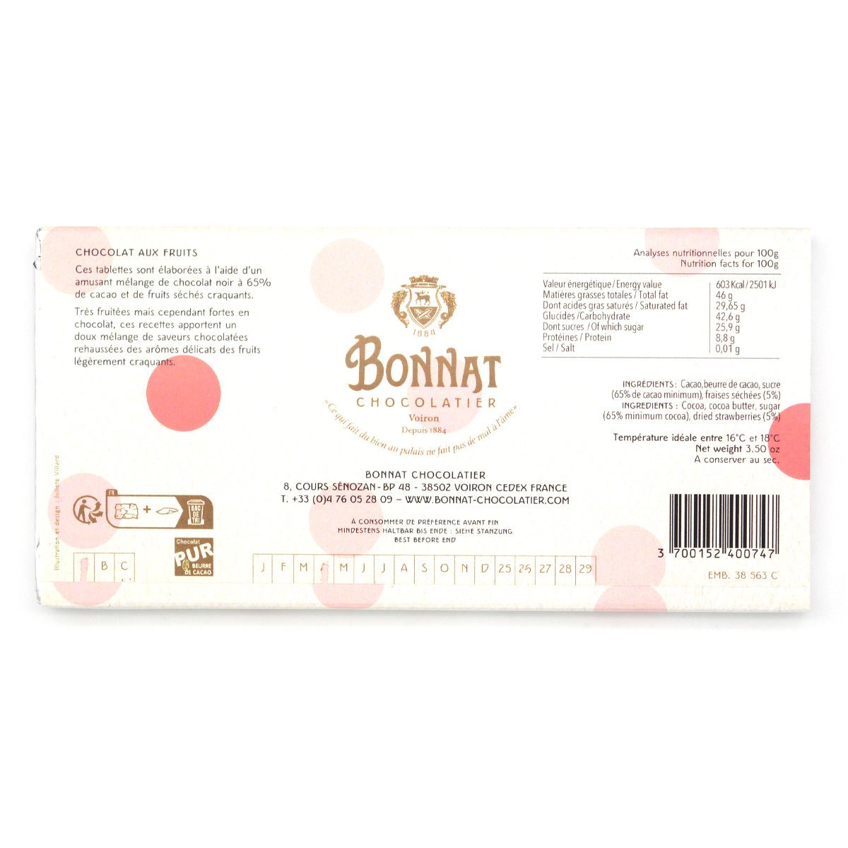 Bonnat chocolate bar packaging with brand logo and text on a white background