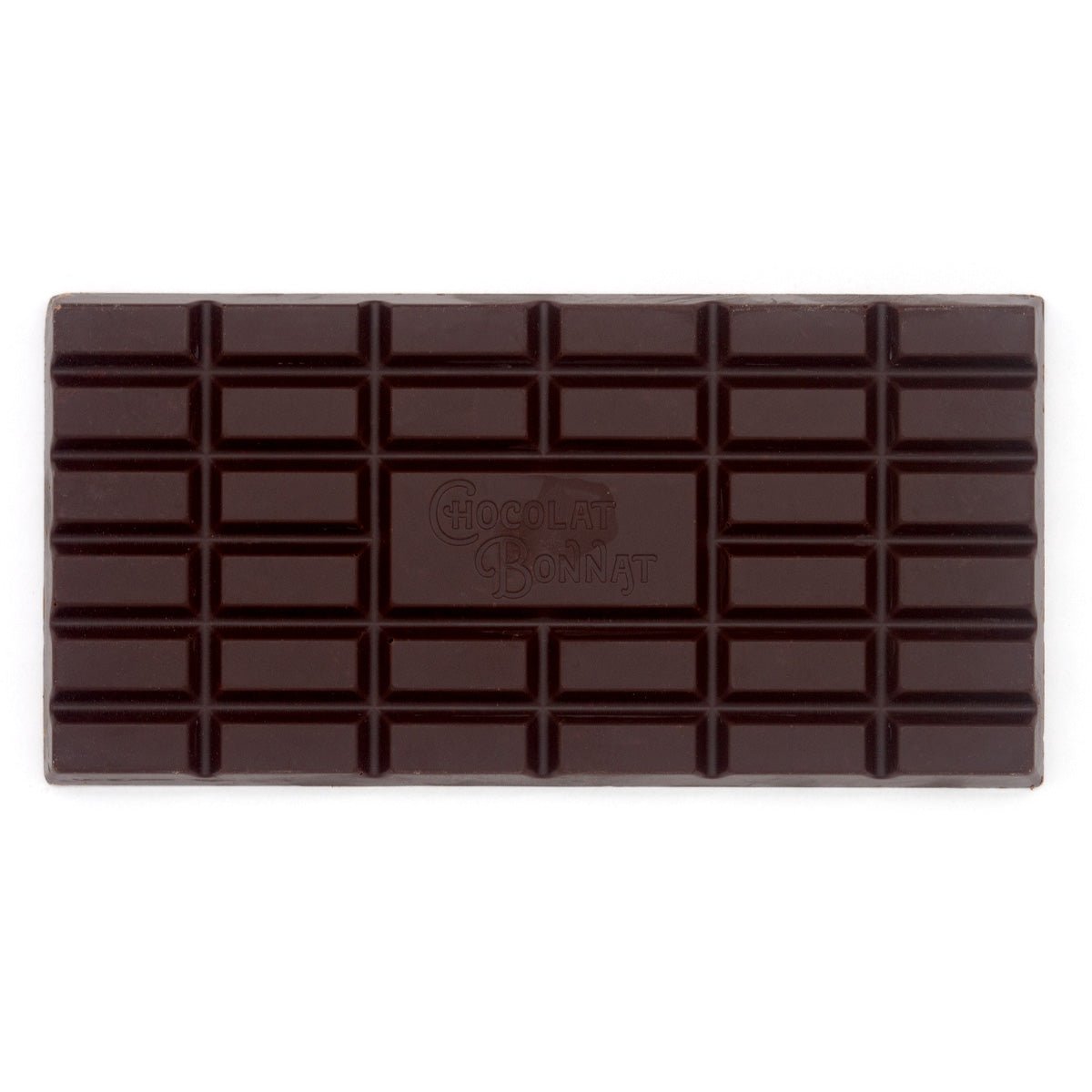 Dark chocolate bar with a Bonnat logo on a white background