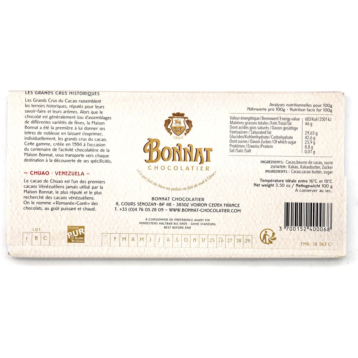 Bonnat chocolate bar packaging with branding and text on a white background