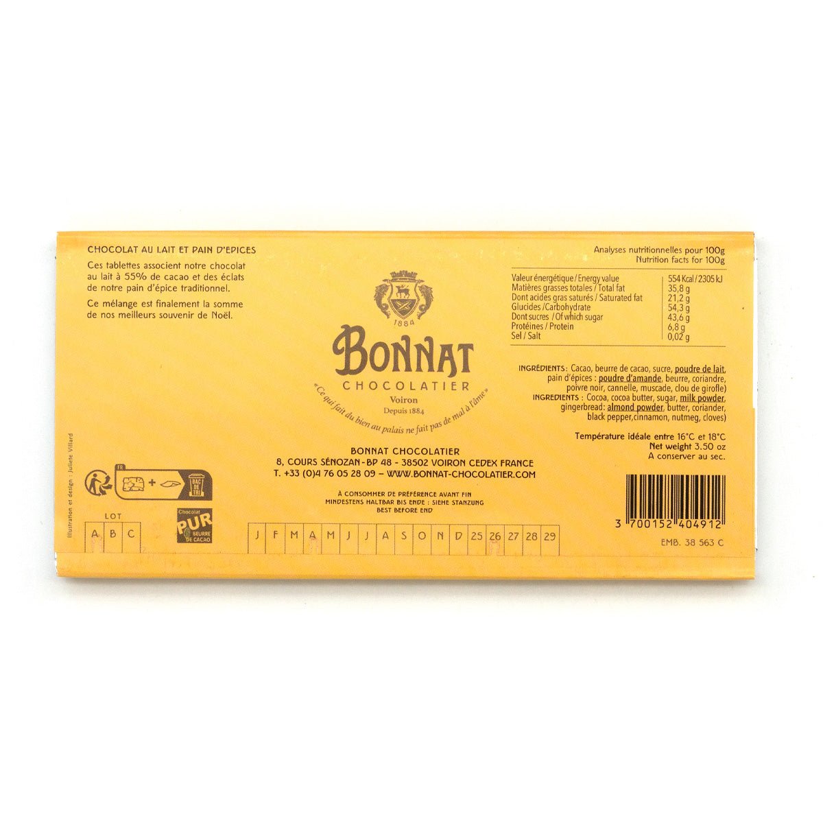 Bonnat chocolate bar packaging with brand logo and text on a white background