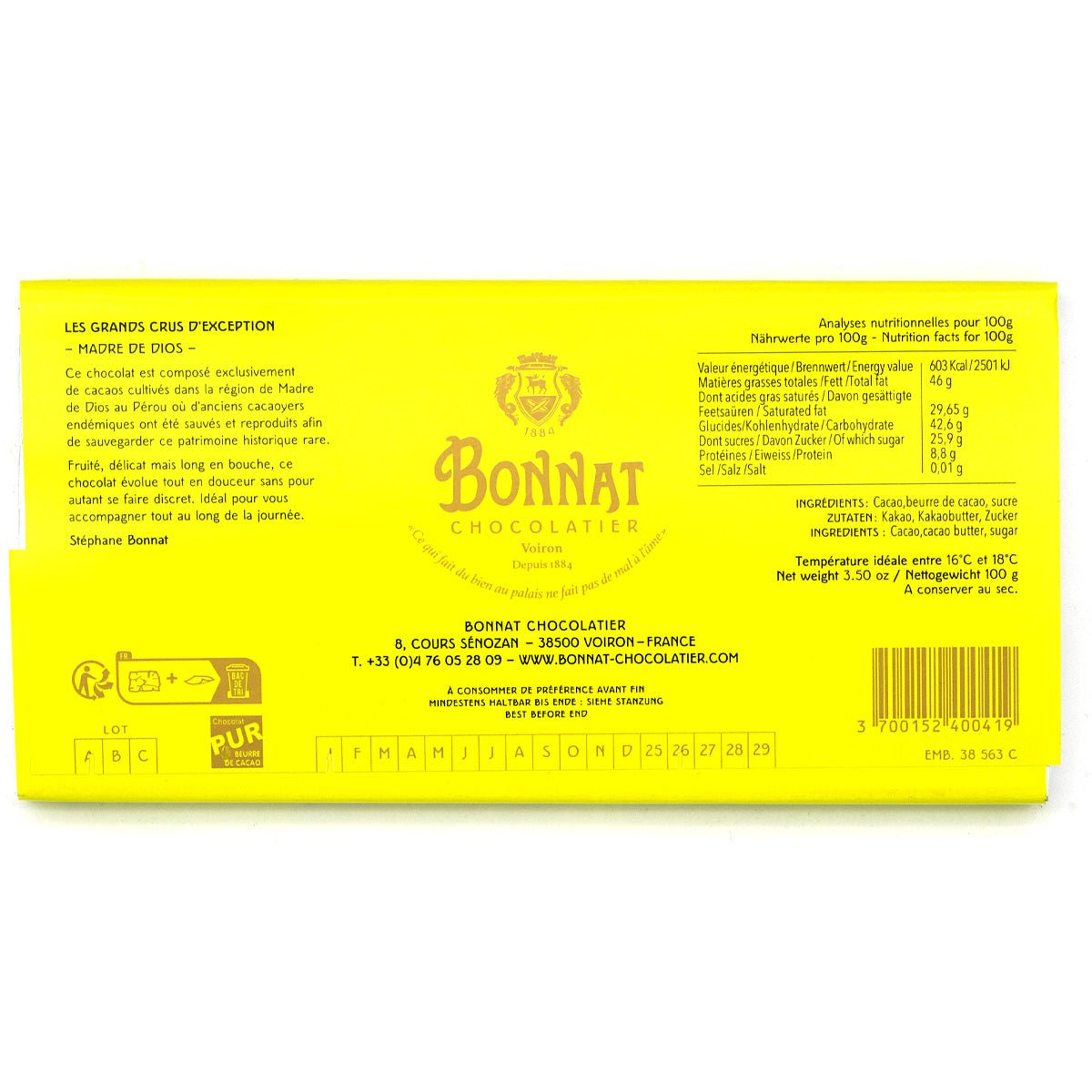 Bonnat Madre de Dios 75% Dark Chocolate Bar - 100g
