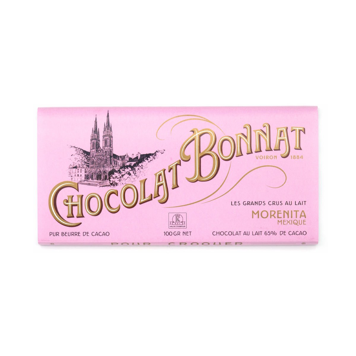 Pink Chocolat Bonnat chocolate bar packaging with white background and gold text