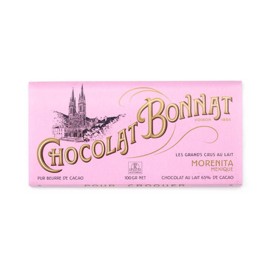 Pink Chocolat Bonnat chocolate bar packaging with white background and gold text