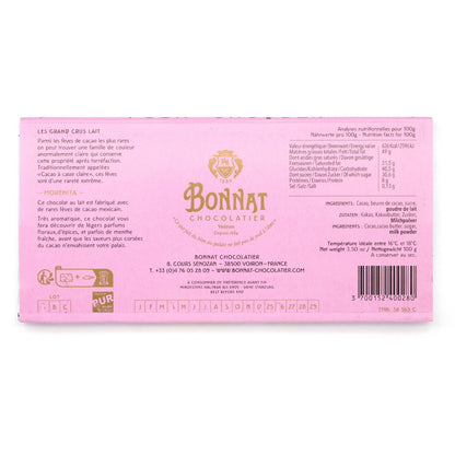 Pink chocolate bar packaging with Bonnat Chocolatier branding on a white background