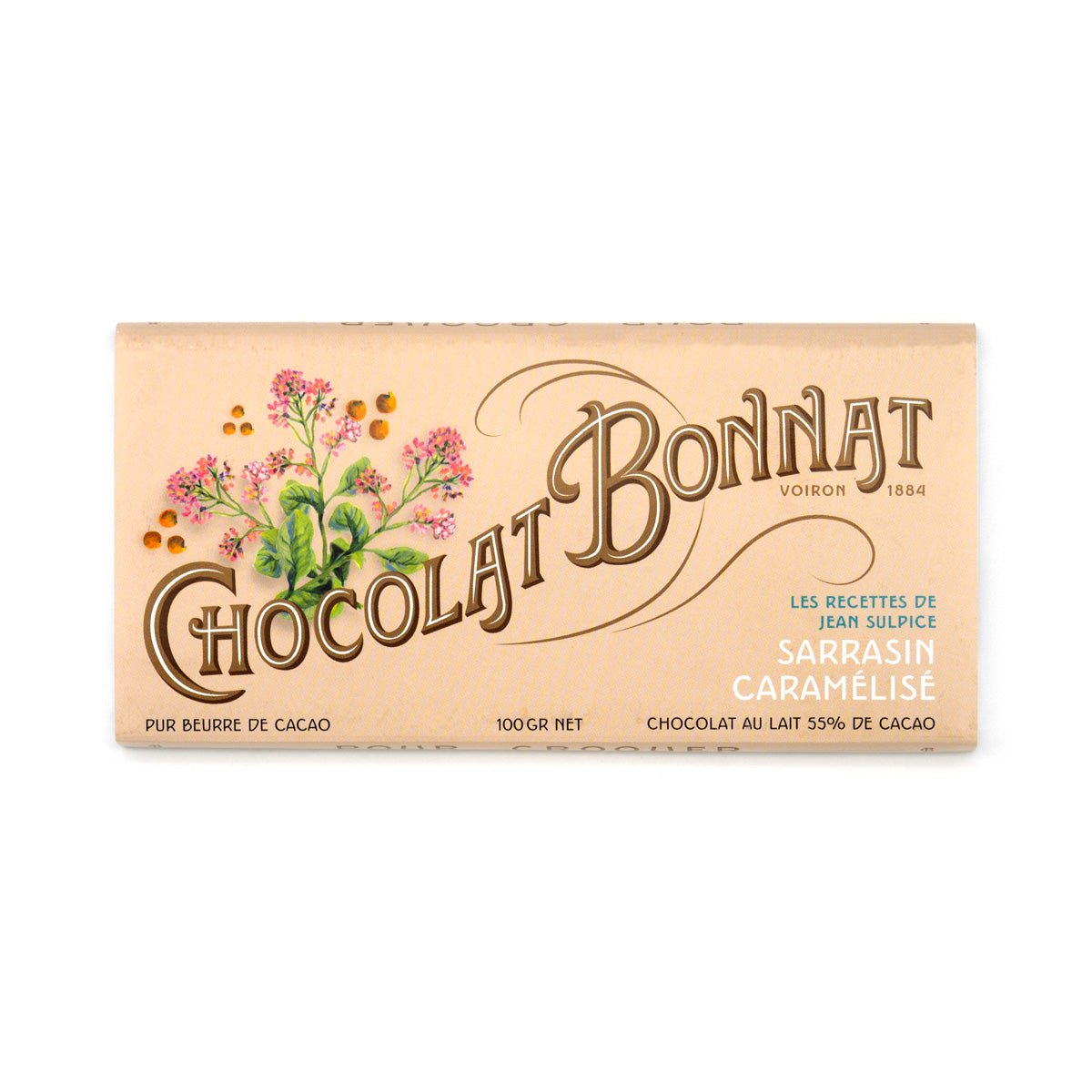 Chocolat Bonnat chocolate bar packaging with floral design on a white background