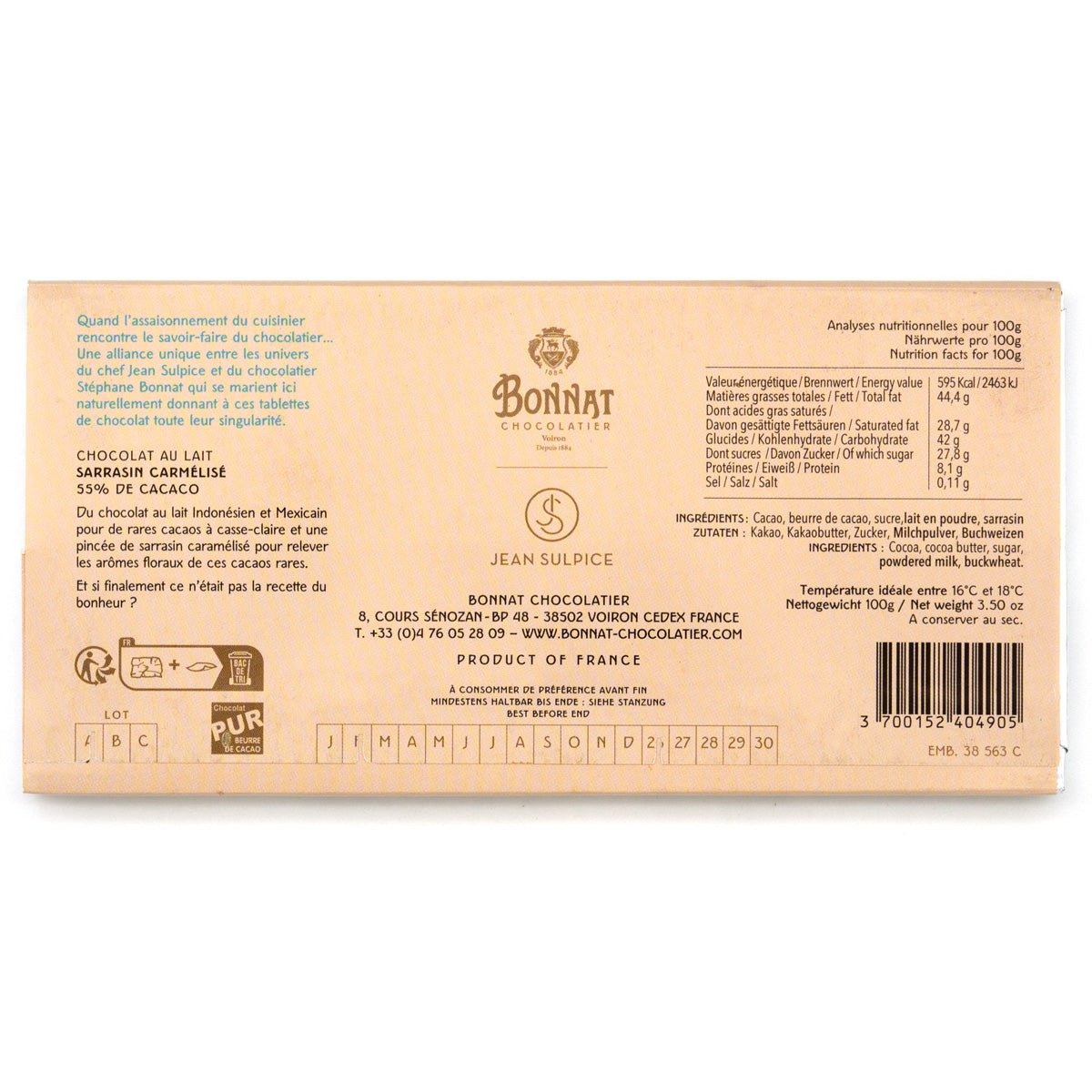 Bonnat chocolate packaging with text and branding on a white background