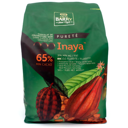 Cacao Barry Inaya chocolate  packaging with cacao beans and leaves on a green background