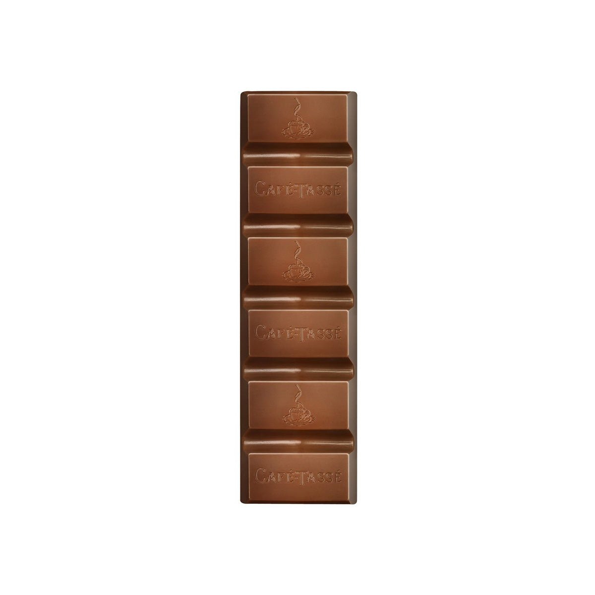 Chocolate bar with Cafe Tasse logo on a white background