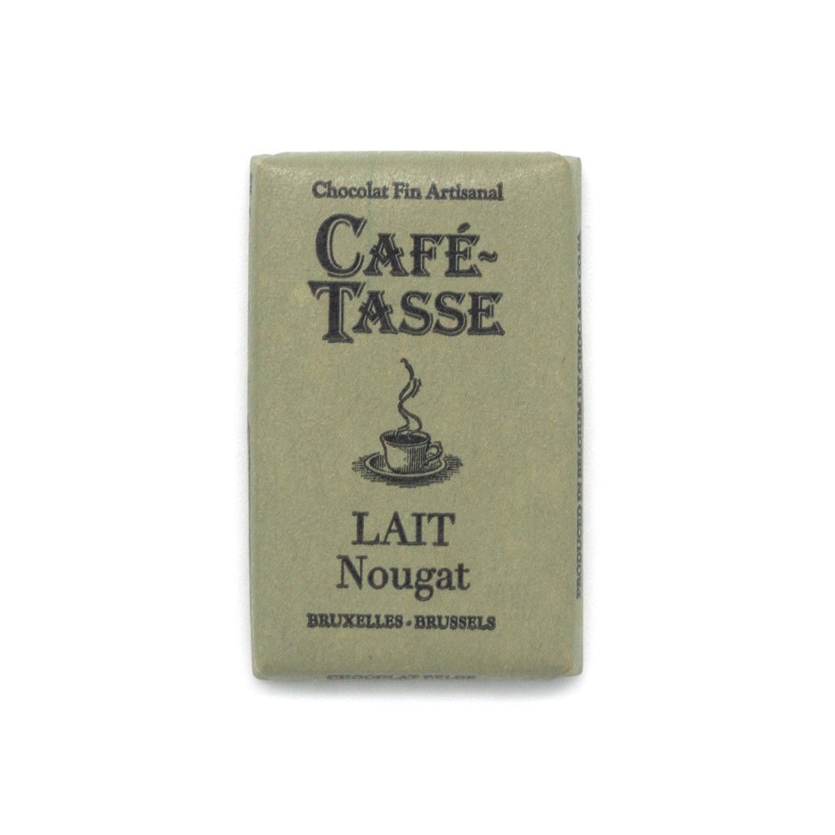 Café-Tasse Lait Nougat chocolate packaging with text and a coffee cup illustration on a white background