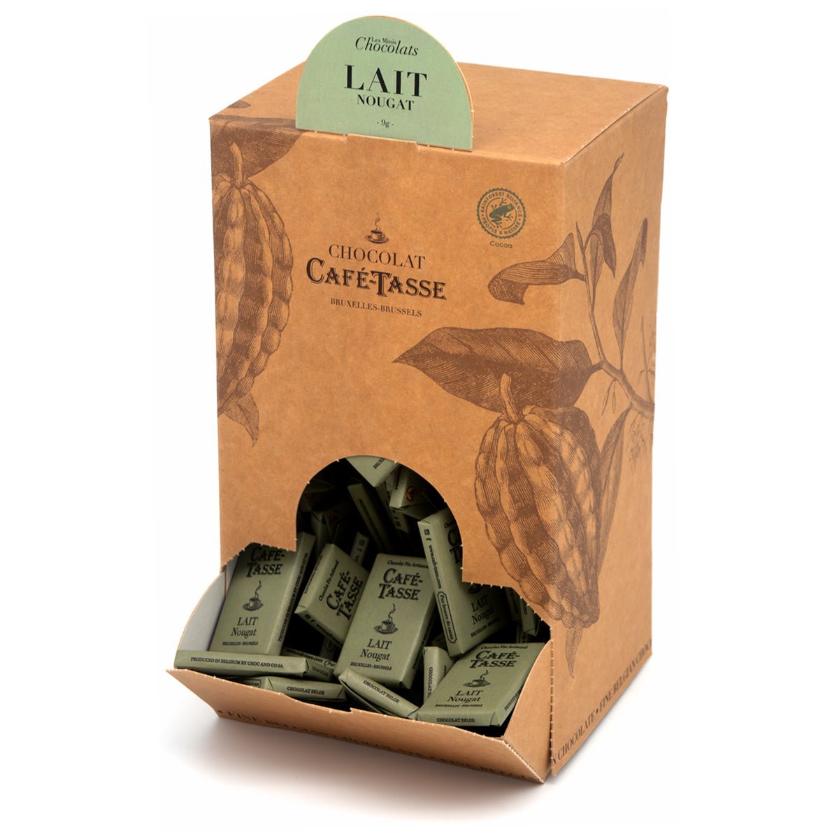 Café Tasse Lait Nougat chocolate packaging with cacao bean illustration on a white background