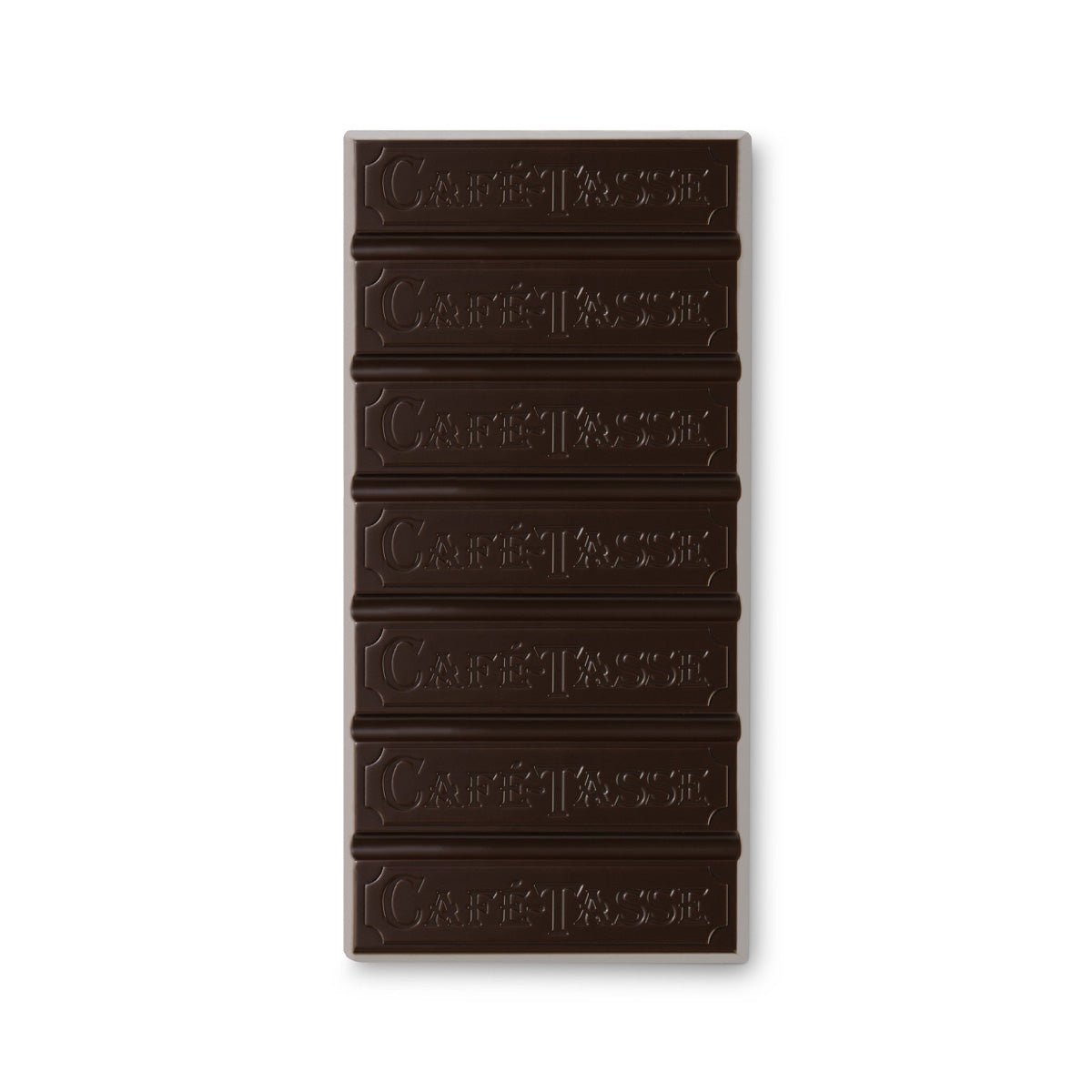 Dark chocolate bar with a Cafe Tasse logo on a white background