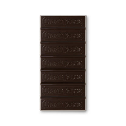 Dark chocolate bar with a Cafe Tasse logo on a white background