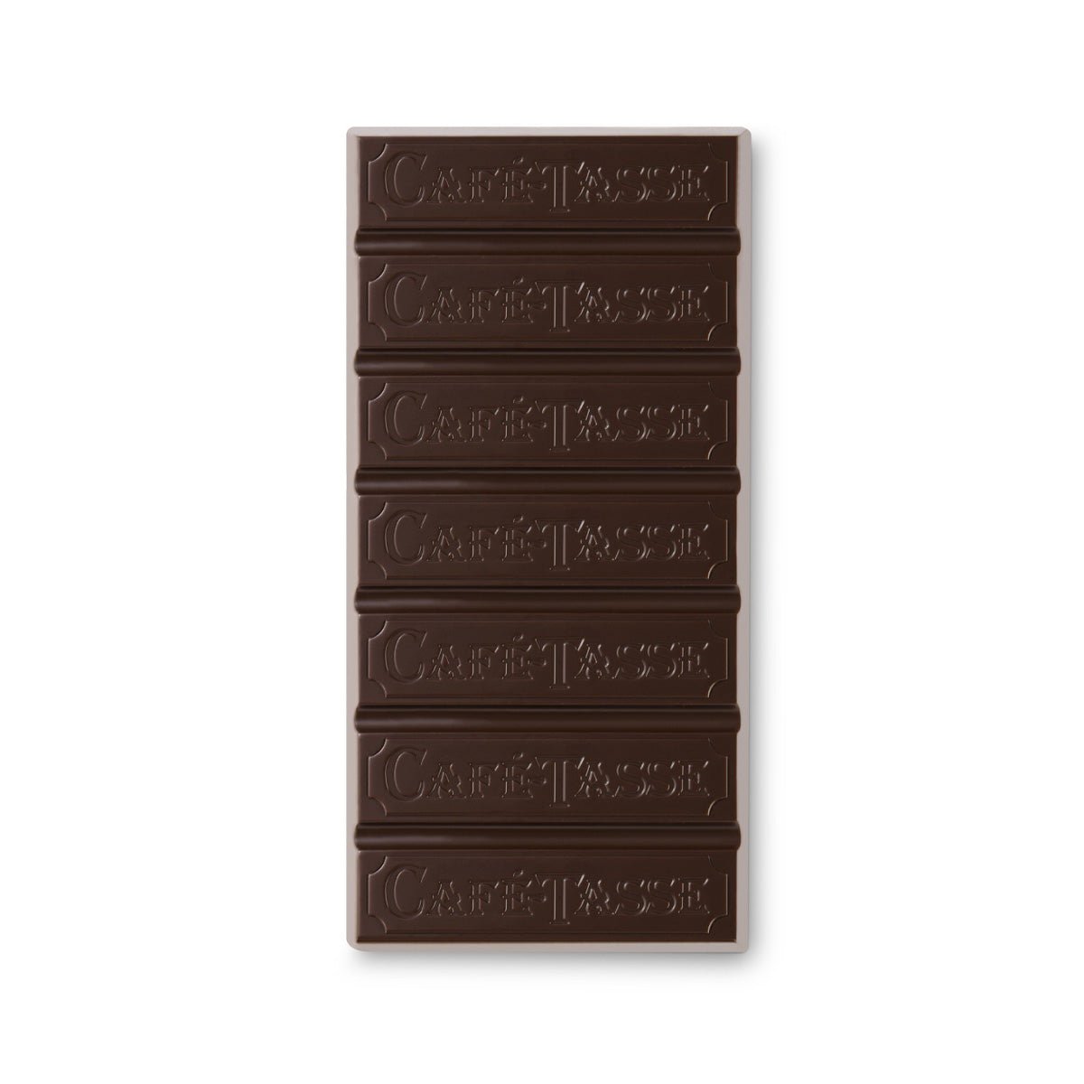 Dark chocolate bar with 'Cafe-Tasse' branding on a white background