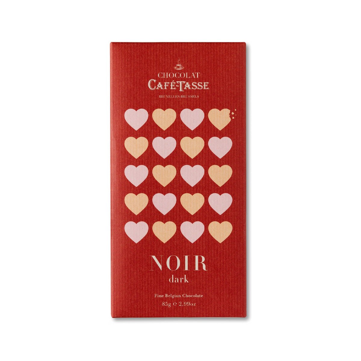 Red chocolate bar packaging with heart designs and 'Chocolat Cafe'Tasse' branding.