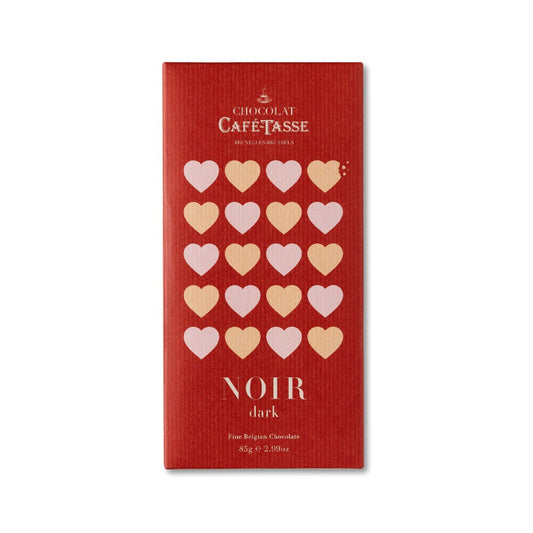 Red chocolate bar packaging with heart designs and 'Chocolat Cafe'Tasse' branding.