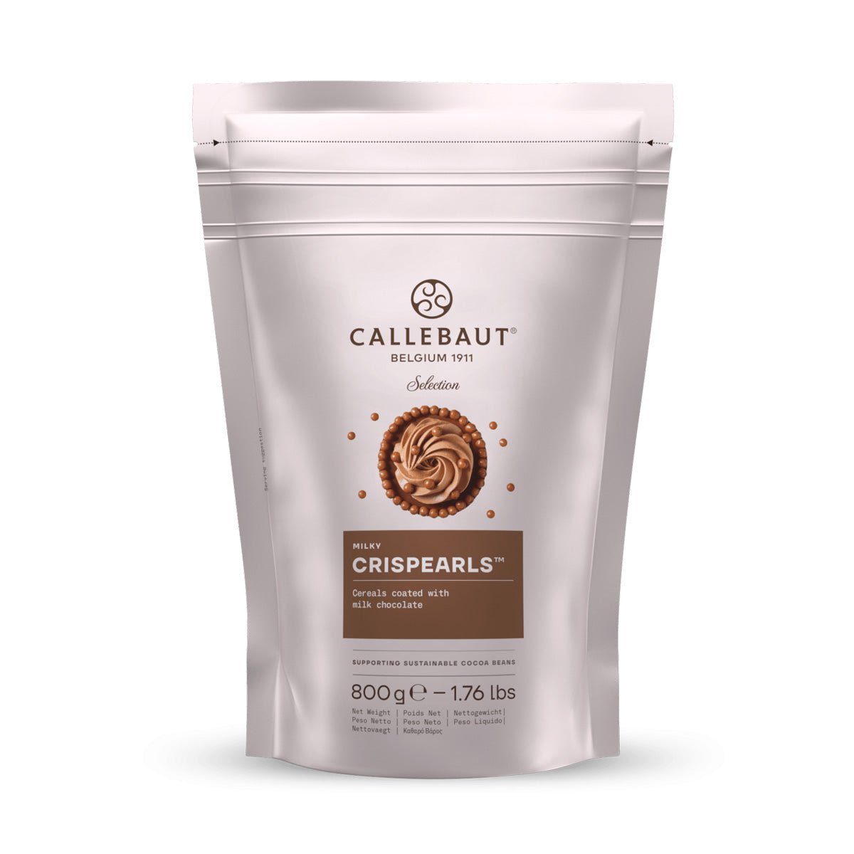 A stand-up pouch of Callebaut Crispearls Belgian Made chocolate, featuring a light beige background with a brown circular graphic and a brown label block, shown on a white background.