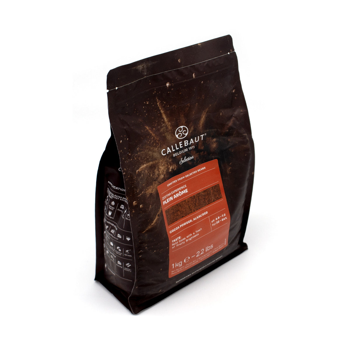 A 1kg stand-up pouch of Callebaut Plein Arome on a clean white background. The packaging is dark brown with a prominent orange label on the front displaying the brand name and product details.