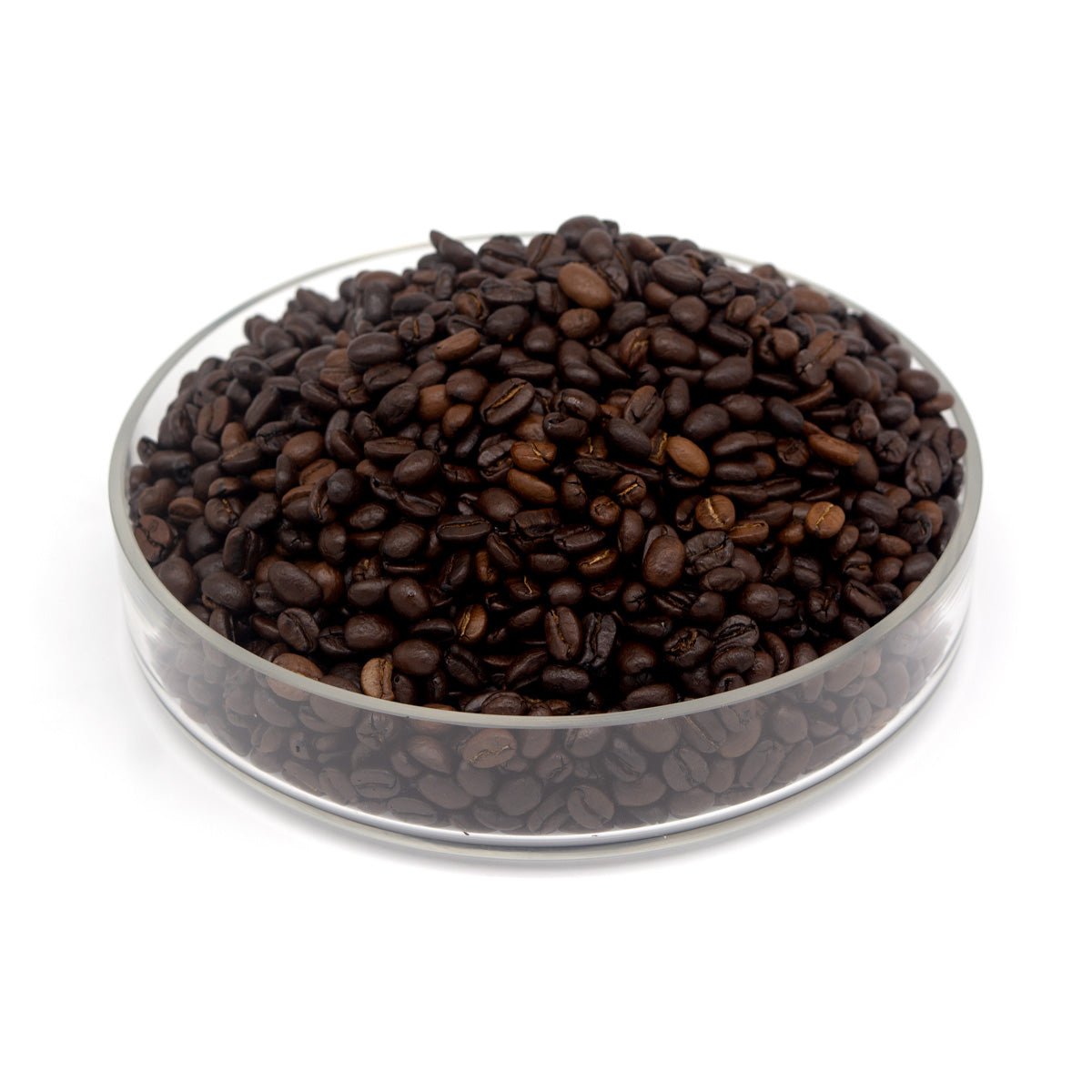 Glass bowl filled with coffee beans on a white background