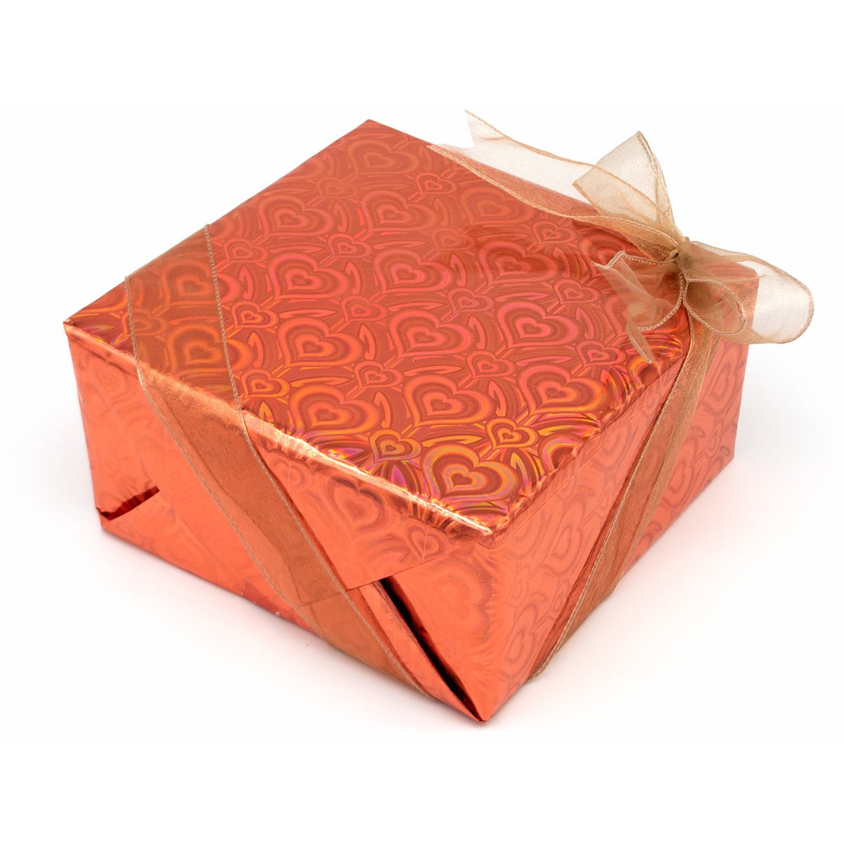 Orange gift box with heart pattern and a beige ribbon on a white background