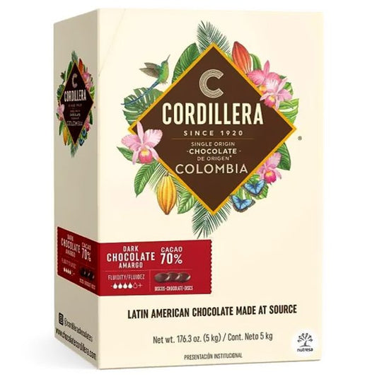 Cordillera chocolate packaging with floral and leaf design on a beige box on a white background