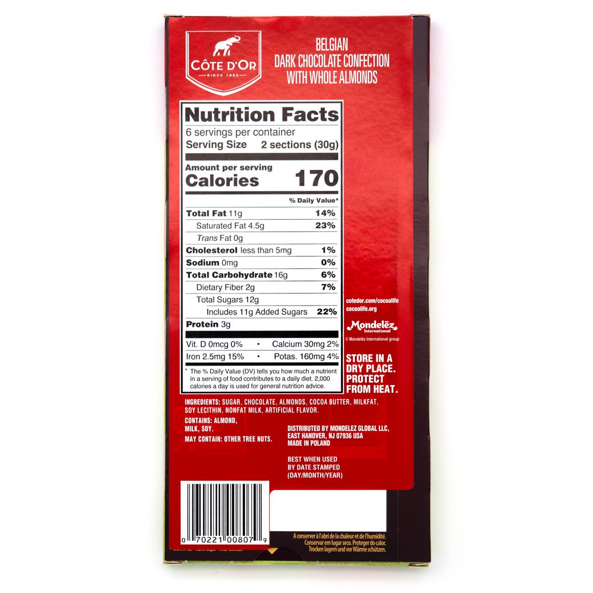 Cote d'Or Noir Amandes 46% Dark Chocolate with Almonds Bar - 180g