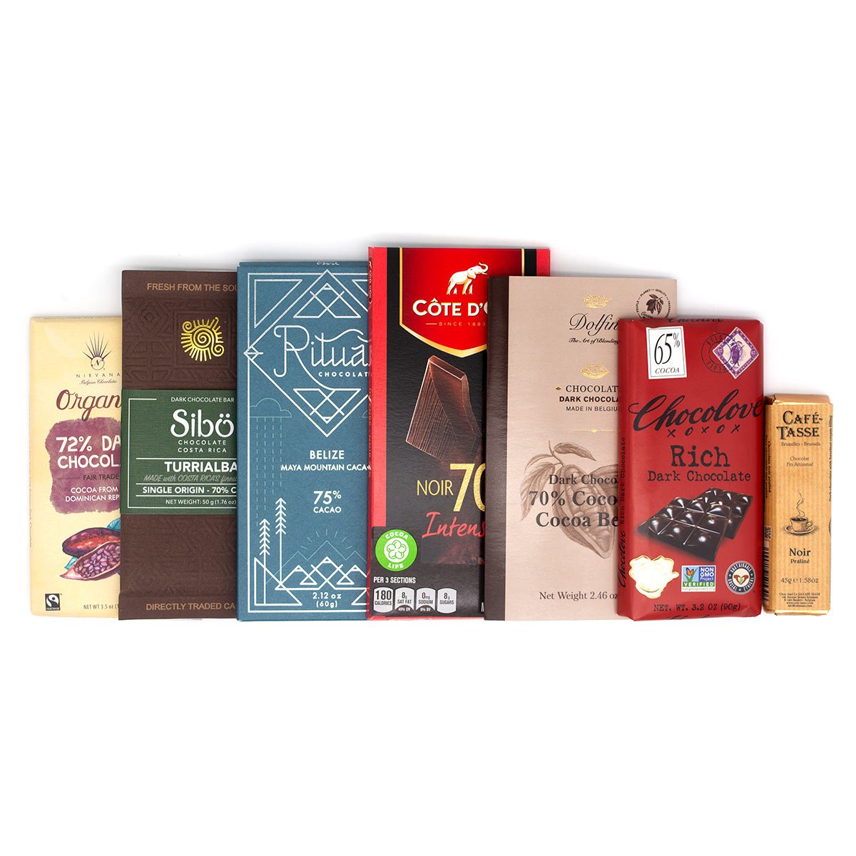 Collection of various chocolate bars with different packaging designs on a white background