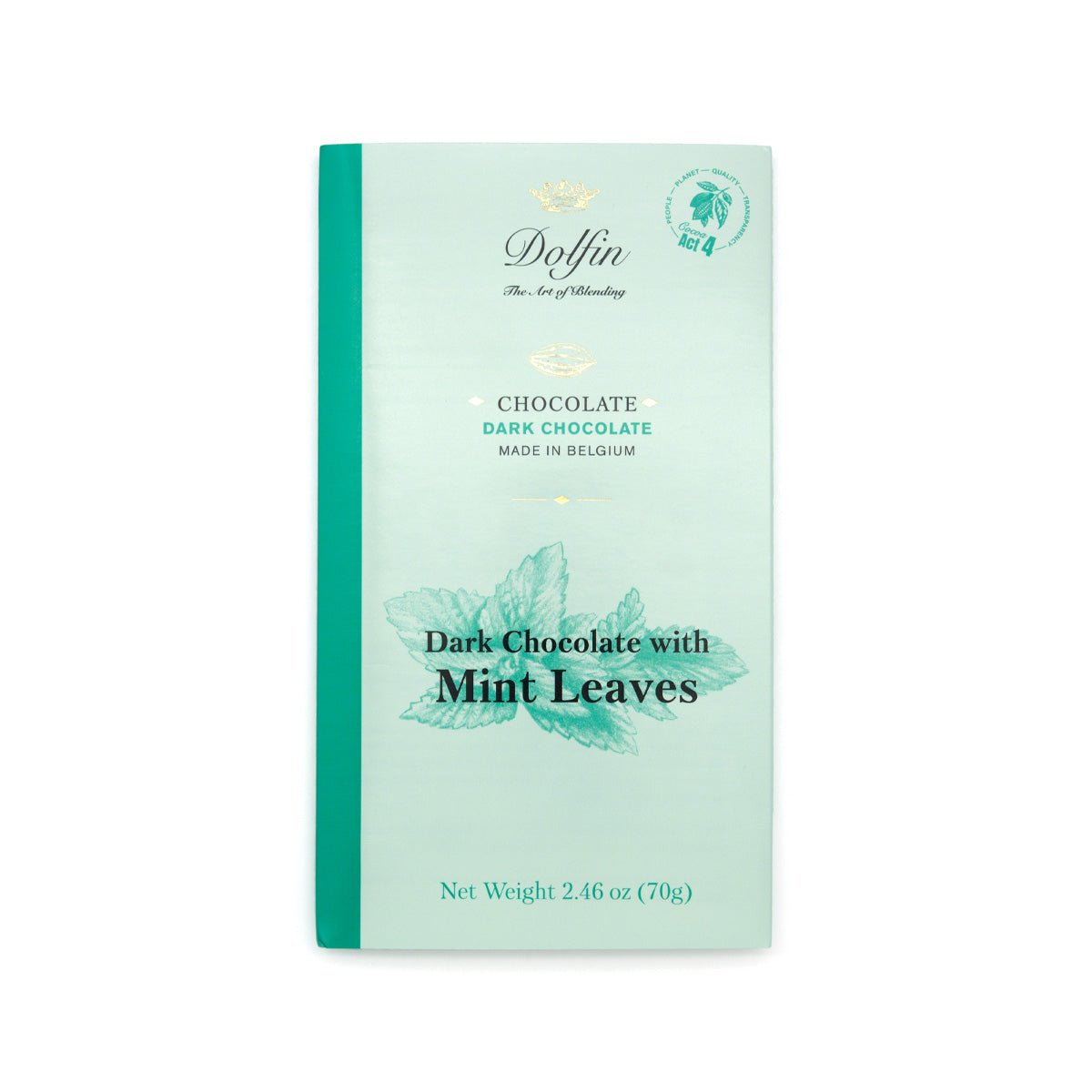 A package of Dolfin Dark Chocolate with Mint Leaves, featuring a mint green wrapper with a teal spine and a mint leaf illustration.
