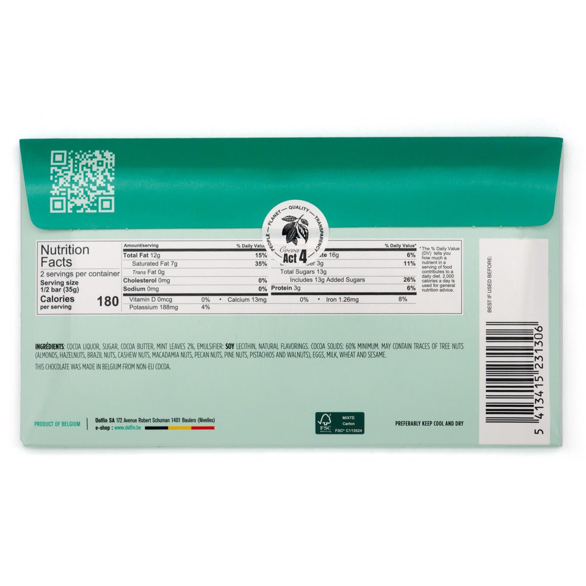 Back of a green chocolate packaging with nutrition facts label and QR code.